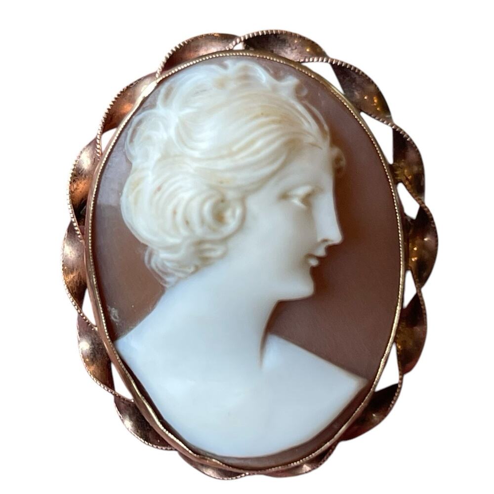 Antique 20's/30's 10k Rose Gold Bezel Set Carved Shell Cameo Brooch Pendant 6g